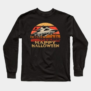 UFO Witch at the Tree Line Retro Sunset Happy Halloween Premium Long Sleeve T-Shirt